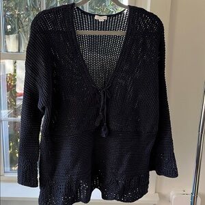 J Jill Open Knit Bell Sleeve Crochet Cotton Sweater Top Petite Large